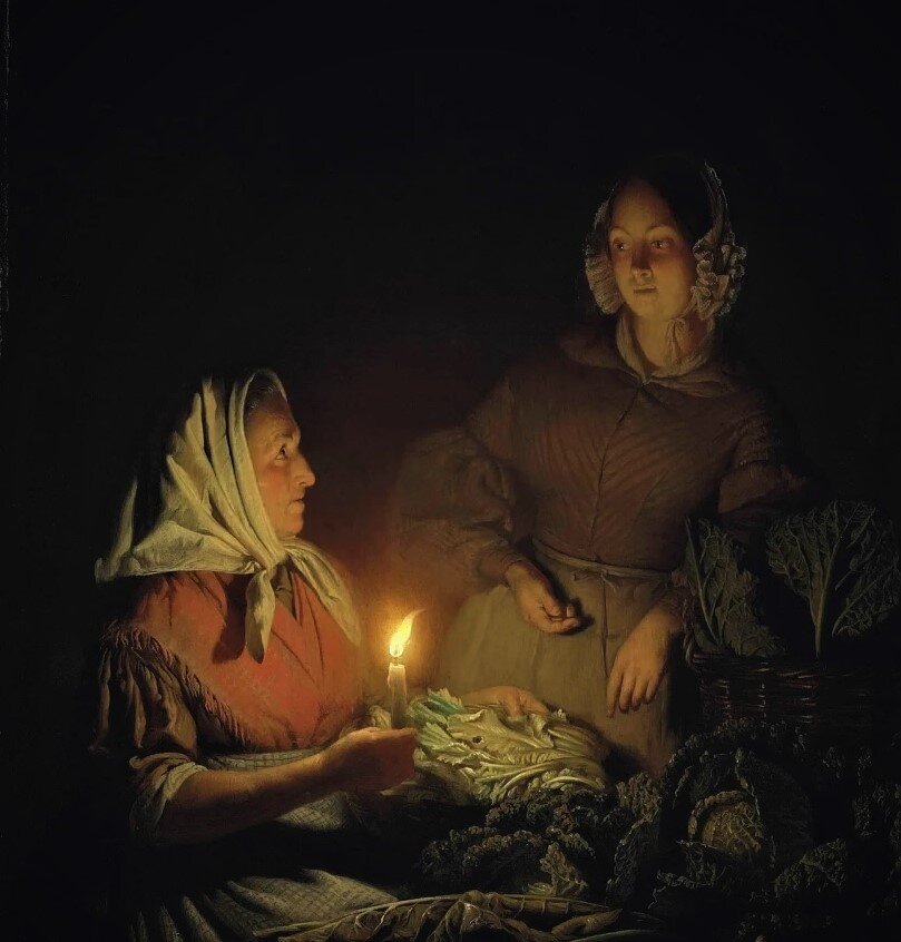 На ночном рынке. 1844 год. Масло, дерево. 36.8×30.2 см. Художник Петрус ван Шендель