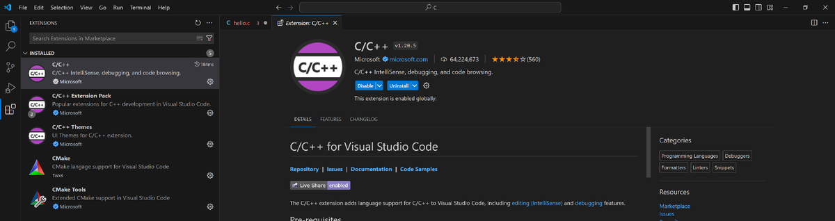 Рис. 1. Установленные расширения для работы с C/C++