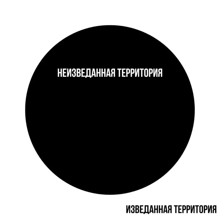 Черный цвет - изучаемый язык. Белый цвет - уже изученный. 
Самые простые и нужные темы находятся в центре неизведанной территории, самые сложные и редко используемые - на самой границе чёрного и белого (см. картинку ниже).