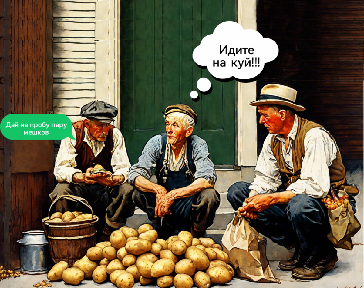 Картина "Просители картофеля". 2024 год. © ЖИЗНЬ В ГОРАХ. Генерация моя, автора этой злой заметки. 