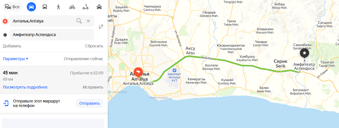 Маршрут от Анталии до амфитеатра Аспендоса