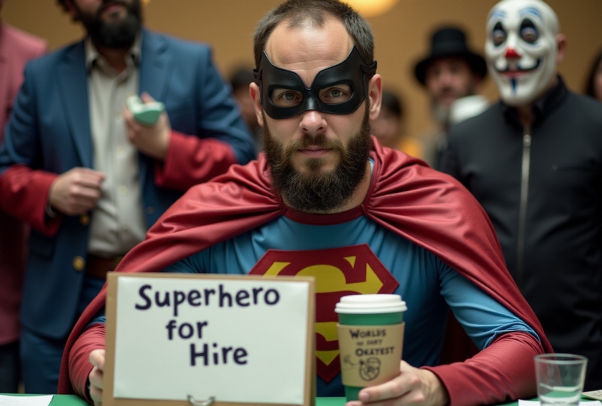 Надпись можно перевести как: "Супергерой ищет работу" (дословно - Супергерой доступен для найма)