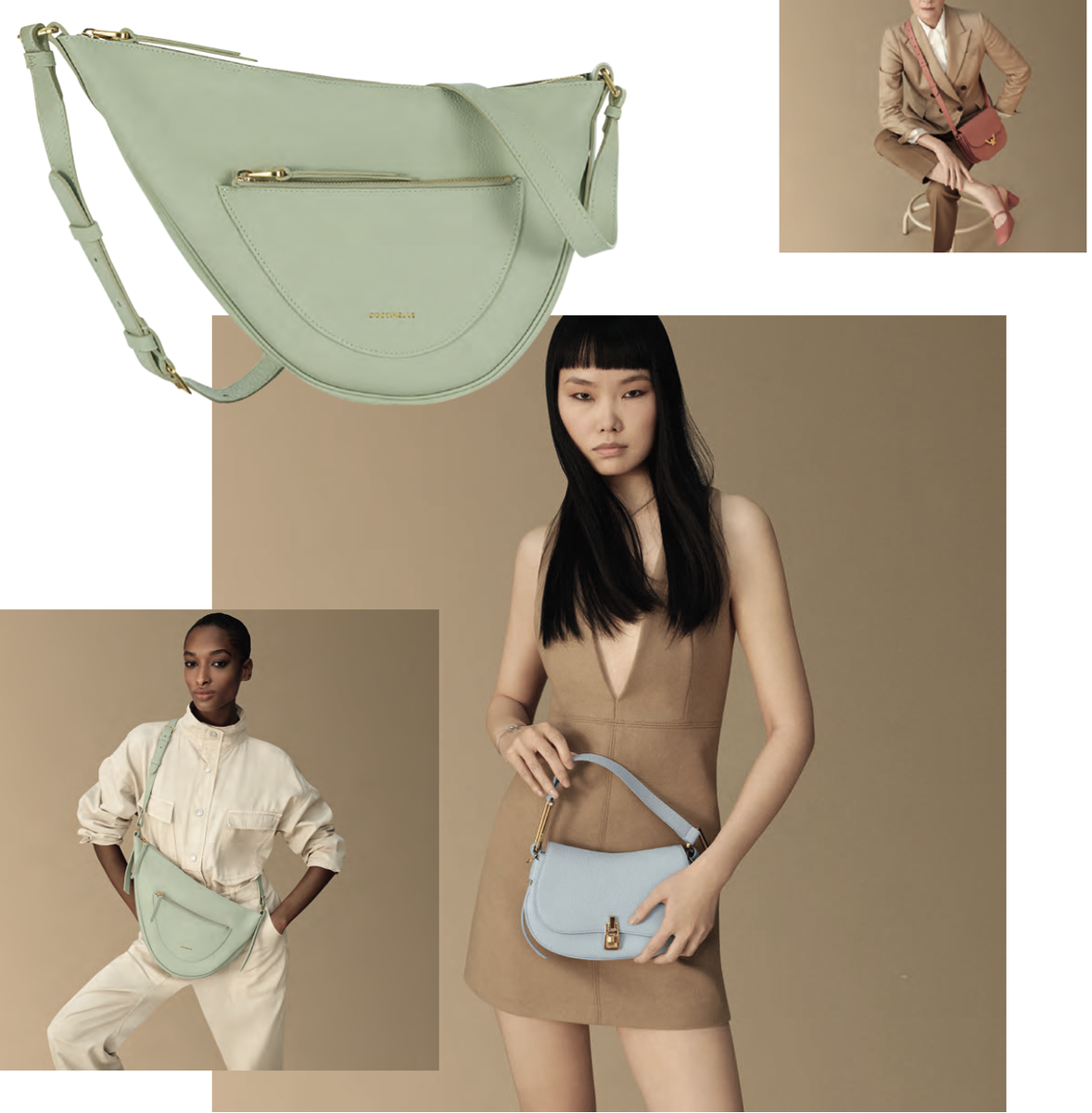     Сумка Snuggie; Карин с сумкой Dew; Франческа с сумкой Snuggie; Йонг с сумкой Magie, все — Coccinelle