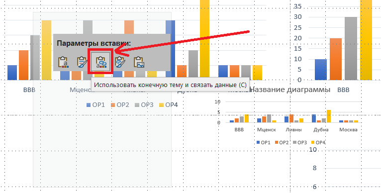 Выбрав команду "Использовать конечную тему и связать данные" диаграмма становится связанной с файлом Excel и изменяется на слайде автоматически при ее изменении на листе Excel 