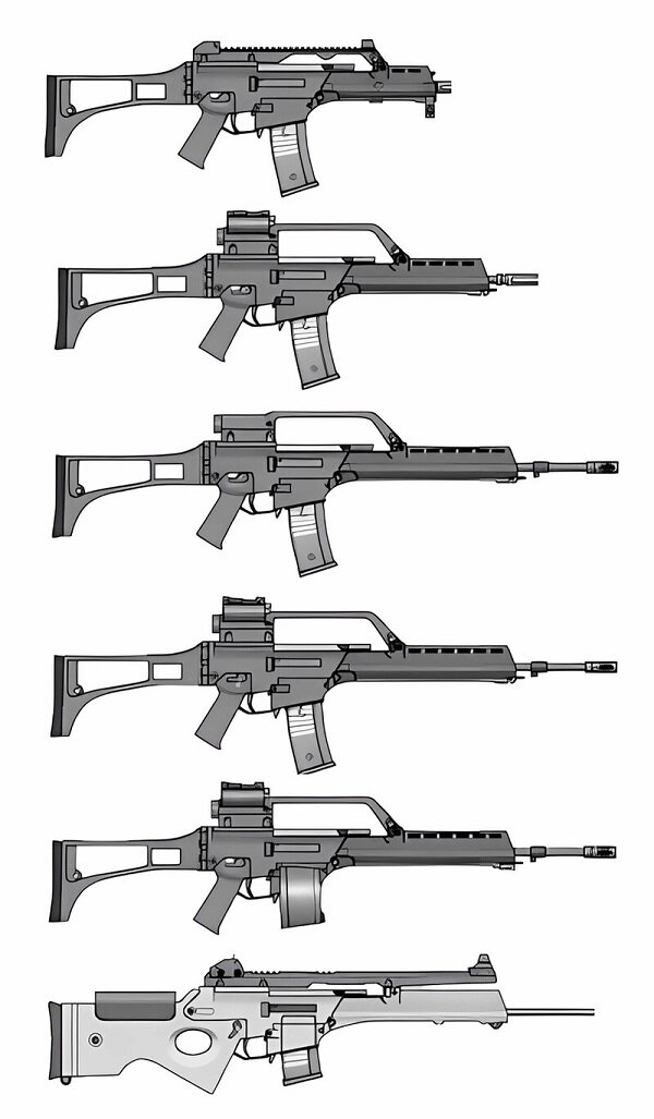 Версии G36. Сверху вниз: G36C (компакт), G36K (карабин), G36V (G36E) (экспорт), G36, MG36 (пулемет), SL8 (полуавтоматическая винтовка для гражданского рынка).