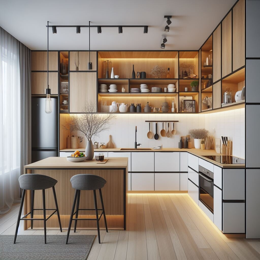 Дизайн небольшой кухни со встроенным холодильником 