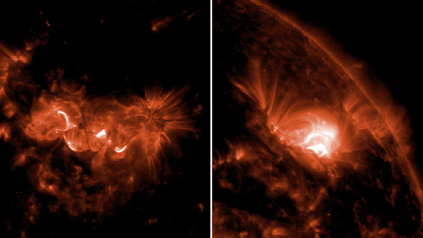     Фото: NASA/SDO Выбросы раскаленной плазмы на Солнце в ночь на 8 мая.