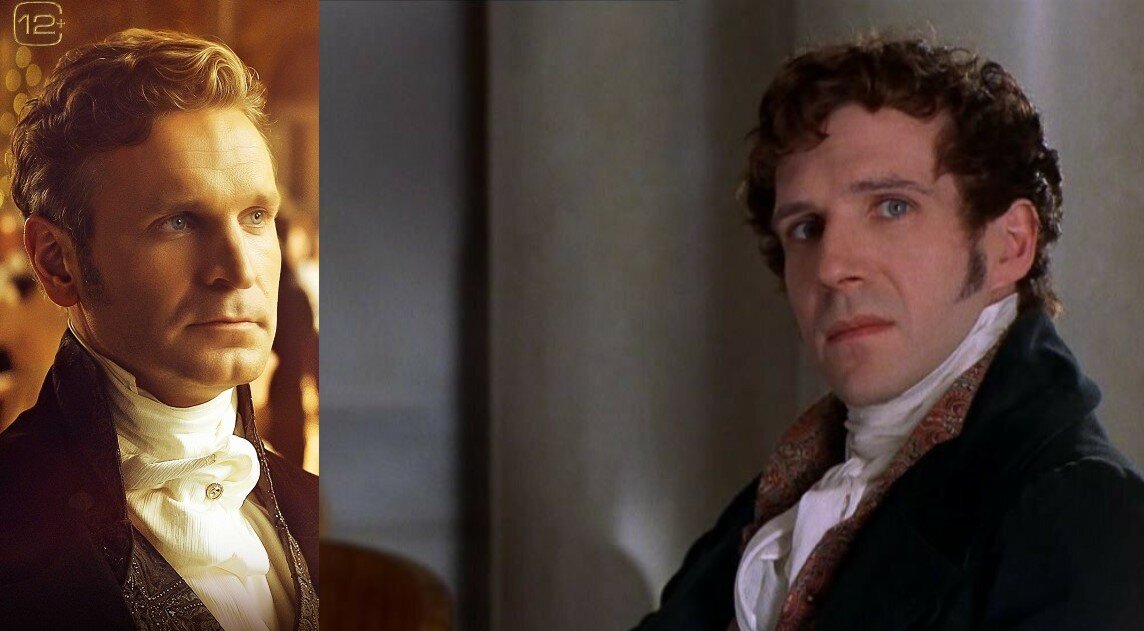 Онегин слева - Виктор Добронравов, Онегин справа - Рэйф Файнс