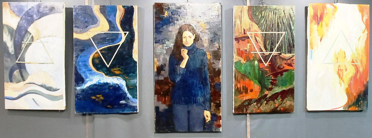 Автопортрет и квадриптих Стихии: Воздух, Вода, Земля, Огонь. 2024. Холст, масло. Розанова Ярослава Юрьевна (1995).