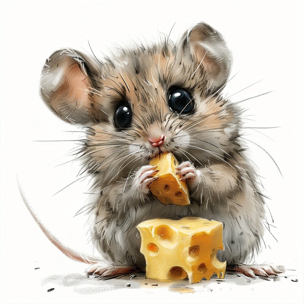 A stylized drawing of a mouse on a piece of cheese. 2D, cartoon, hand-drawn, doodle, scribbled line, high detail, high quality. Full-length portrait on a white background —stylize 500 