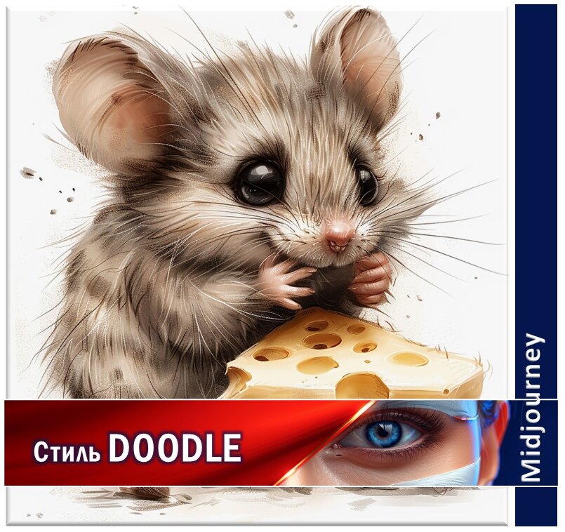 A stylized drawing of a mouse on a piece of cheese. 2D, cartoon, hand-drawn, doodle, scribbled line, high detail, high quality. Full-length portrait on a white background —stylize 500