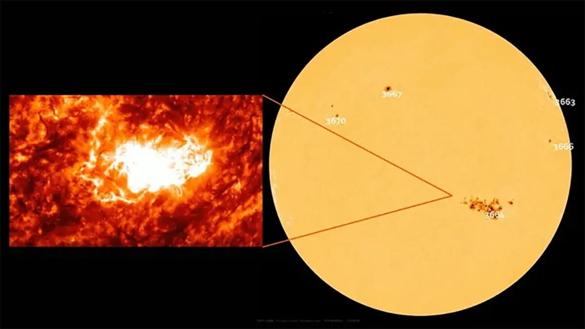 ◙ Х-вспышка возникла 9 мая 2024 года из гигантского солнечного пятна AR3664. Изображение: NASA 

