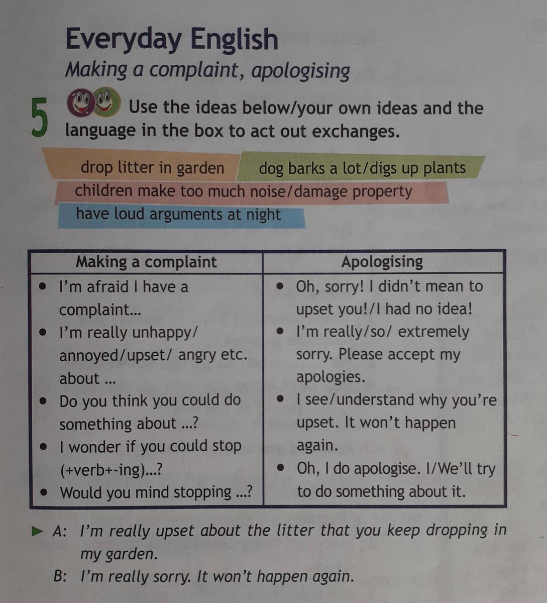 В этом упражнении тренируются различные способы выражения жалобы и извинения.  К сожалению, здесь всего две реплики, что не даёт возможности погрузиться в ситуацию общения, не происходит настоящего общения, поэтому часто ребята подходят к этому заданию очень формально, им неинтересно.  Упражнение взято из учебника "Spotlight", 11 класс.
