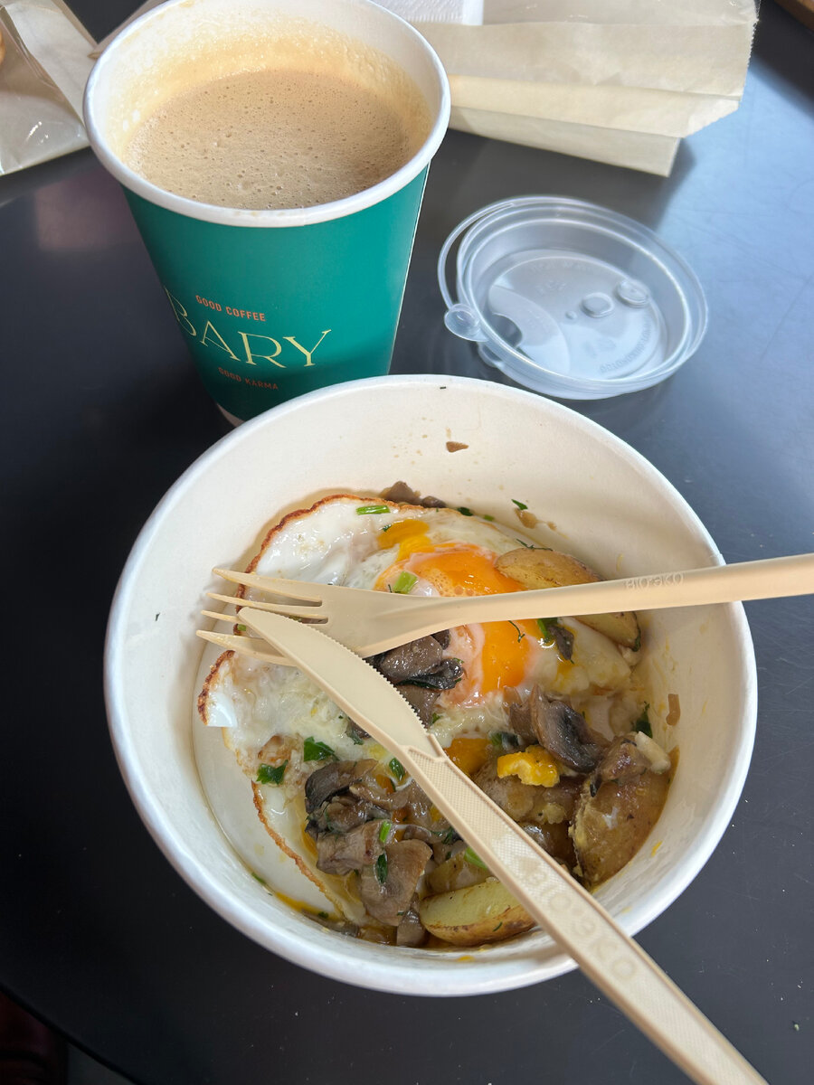 Глазунья с картофелем и грибами. Тульский кофе