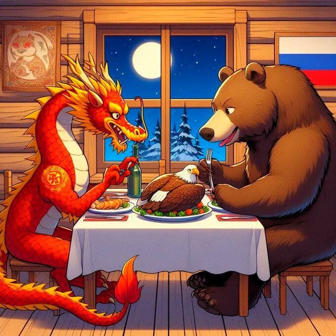 Иранские  медиа реагируют на такие события с юмором. Пример – карикатура  "Последняя трапеза", на которой русский Медведь и китайский Дракон  поедают американского Орла