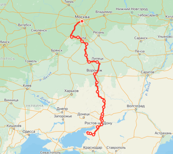 Маршрут поезда Ейск - Москва. 