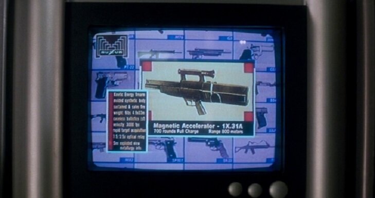 ТТХ штурмовой винтовки «Magnetic Accelerator – 1Х.31А». Единственное, что смог различить – дальность 800 метров. Кадр из фильма «Разрушитель»