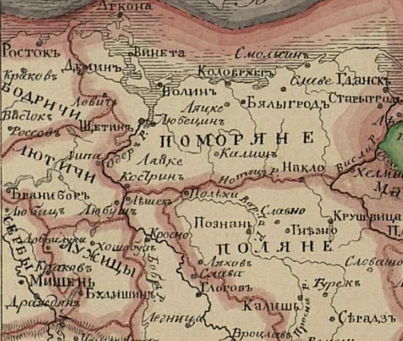 Западная или Полабская Русь на карте Европы. Источник: Исторический Атлас России Н. Павлищева, 1845-го года издания.