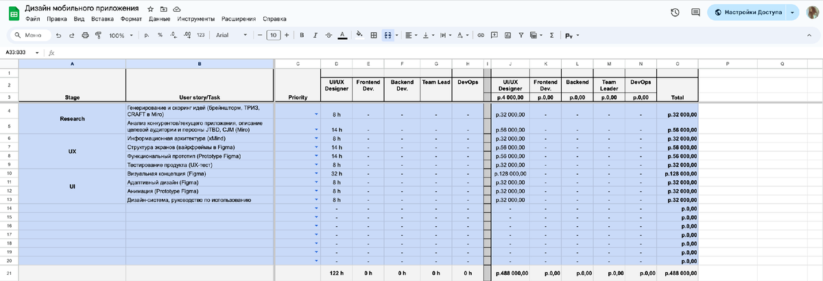Пример таблицы для рассчета стоимости дизайн-продуктов