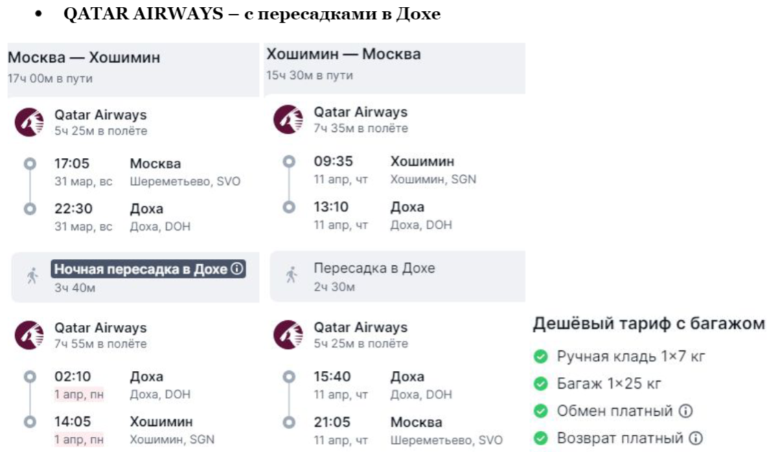 Выбранный перелет во Вьетнам