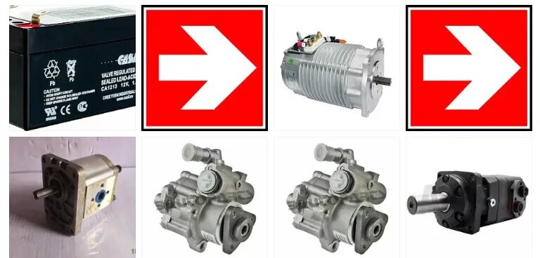 1.акумлятор; 2. эектромотор; 3. гидронасос; 4. два гидоусилителя;  5. гидромотор. 