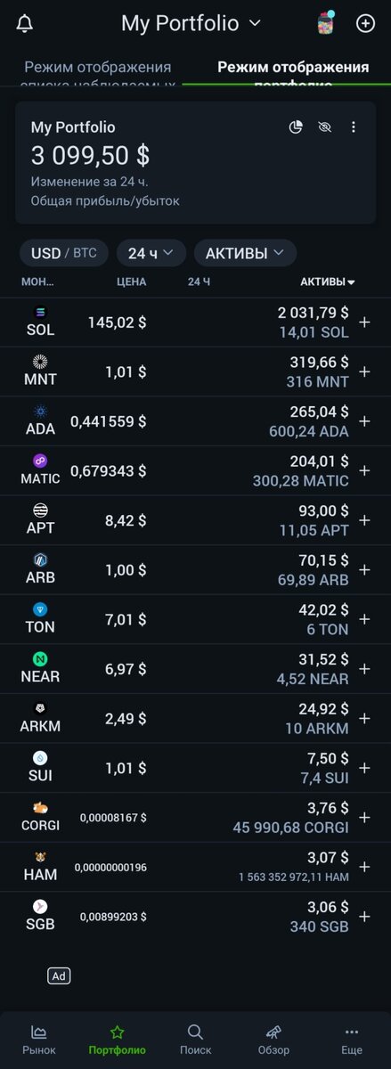 Список криптовалют в портфеле: Solana (SOL), Mantle (MNT), Cardano (ADA), Polygon (MATIC), Aptos (APT), Arbitrum (ARB), Toncoin (TON), Near Protocol (NEAR), Arkham (ARKM), Sui (SUI), Corgi Coin (CORGI), Hamster (HAM), Songbird (SGB).