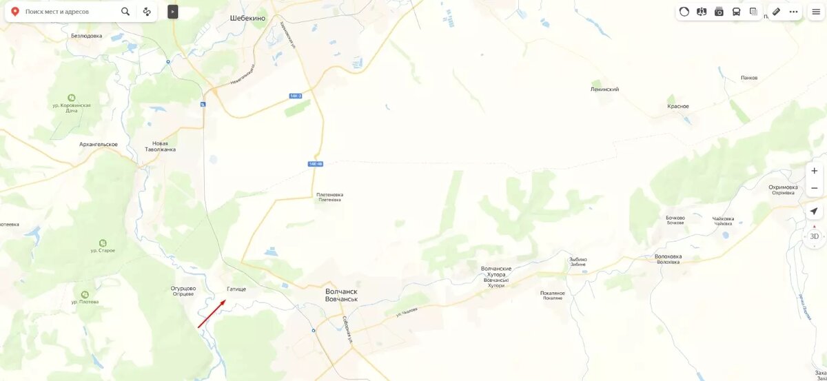 Размещение Волчанск и села Гатище. Фото: Яндекс Карты