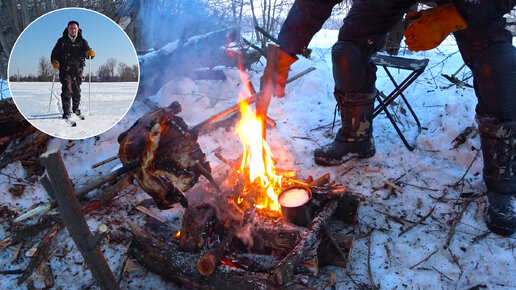 Лыжный поход. Жарю большую курицу. Еще раз про «Как разжечь костер зимой»