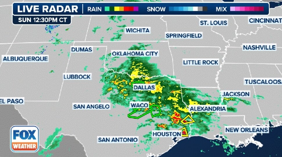 Предупреждения о сильной грозе обозначены желтым цветом. Предупреждения о торнадо обозначаются красным цветом, а предупреждения о торнадо с подтвержденным торнадо обозначаются фиолетовым цветом. Предупреждения о внезапных наводнениях обозначаются зеленым цветом, а чрезвычайные ситуации, связанные с внезапными наводнениями, — розовым.