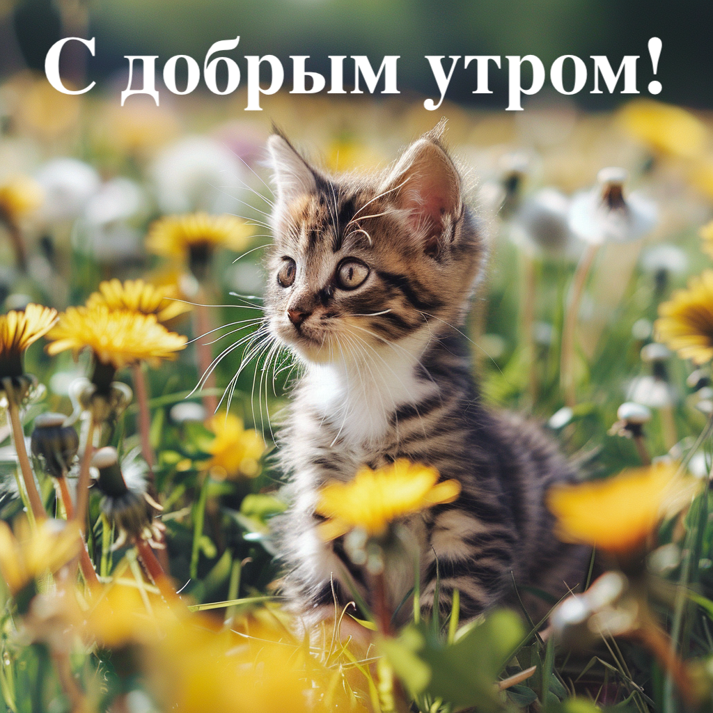 Котенок в поле с одуванчиками