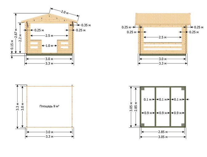 Беседка, размером 3,3х3,3 с двускатной крышей