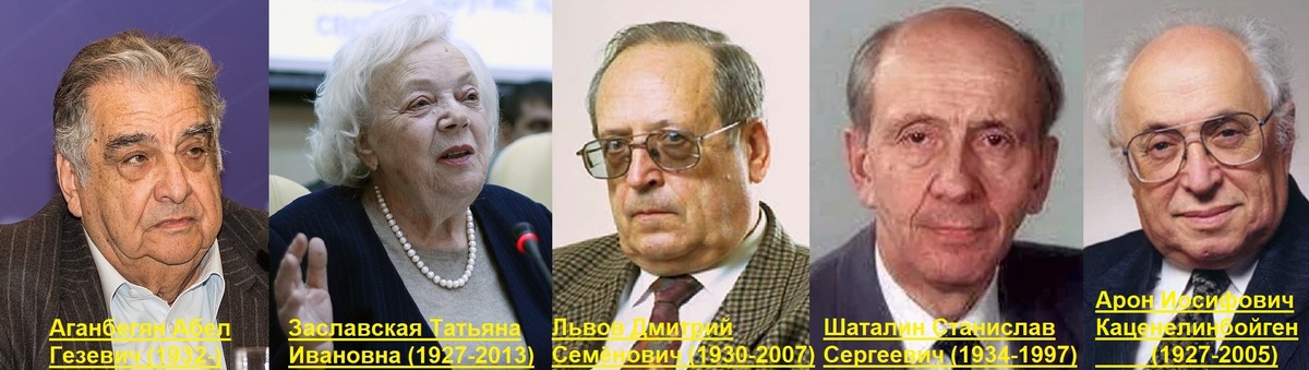 Советские экономисты-идеологи  перестройки, члены группы СОФЭ, академики: Аганбегян Абел Гезевич (1932-), Заславская  Татьяна Ивановна (1927-2013), Львов Дмитрий Семёнович (1930-2007),  Шаталин Станислав Сергеевич (1934-1997) и советско-американский экономист Каценелинбойген Арон Иосифович (1927-2005).