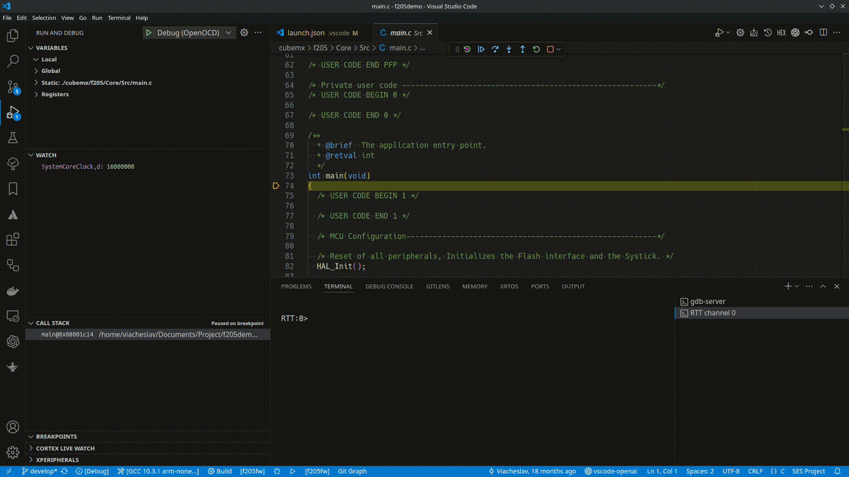 Пример работы отладчика в vscode.