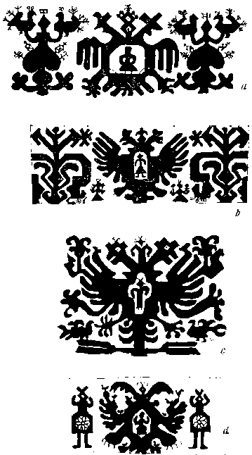 Rice. 1. a - end of the towel. XIX century Kologrivsky u. Kostroma province (Durasov G.P. Decree, work., p. 96, Fig. 6); b — fragment of the valance. XIX century Kargopolsky u. Olonets province. (ibid., Fig. 2); c — fragment of the front part of the hem of a woman’s shirt. XIX century (ibid., Fig. 3, b); d — fragment of the valance. XIX century Olonets province (ibid., Fig. 3, a).