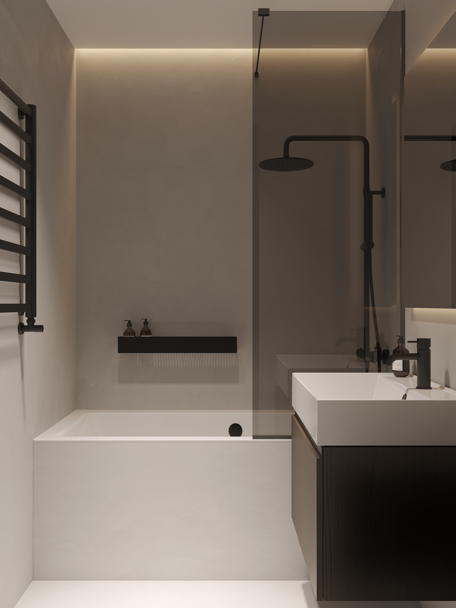 Микроцемент нейтрального оттенка отлично подходит под цвет ванной и раковины