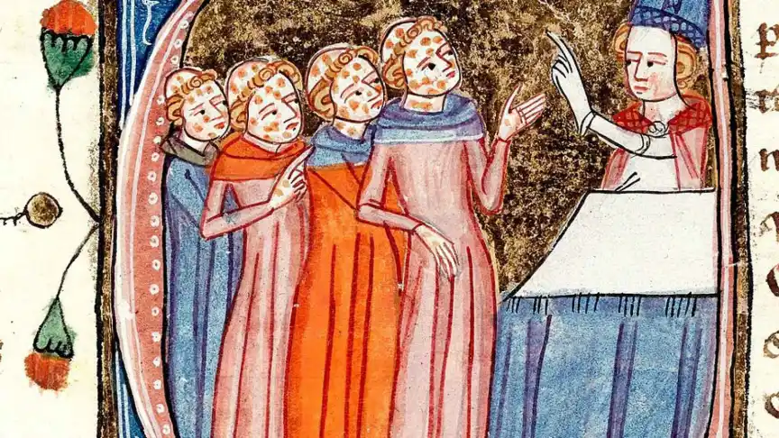 Священнослужитель с проказой перед епископом. Изображение из манускрипта XIV века. Источник: Викисклад 