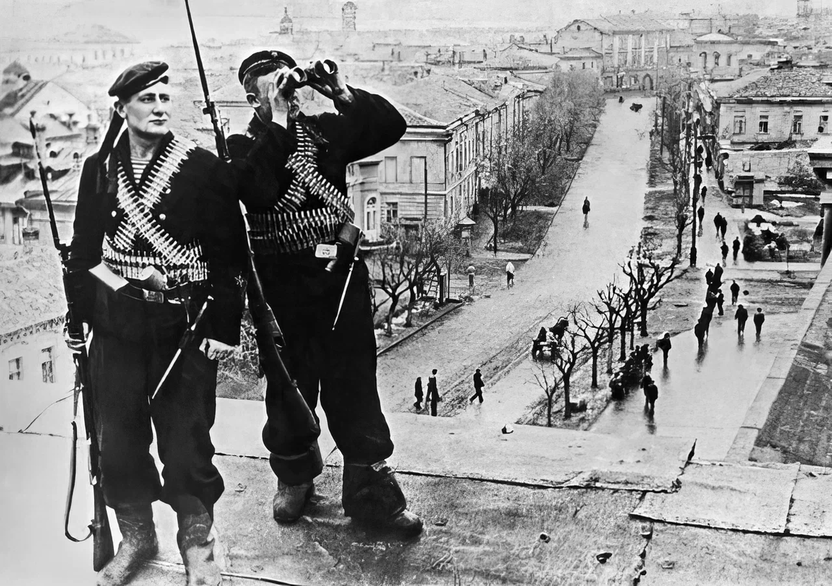 Краснофлотцы ведут наблюдение на крыше дома в освобождённой Керчи (первое освобождение города).