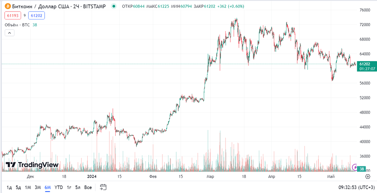 Динамика цены биткоина за последние полгода.