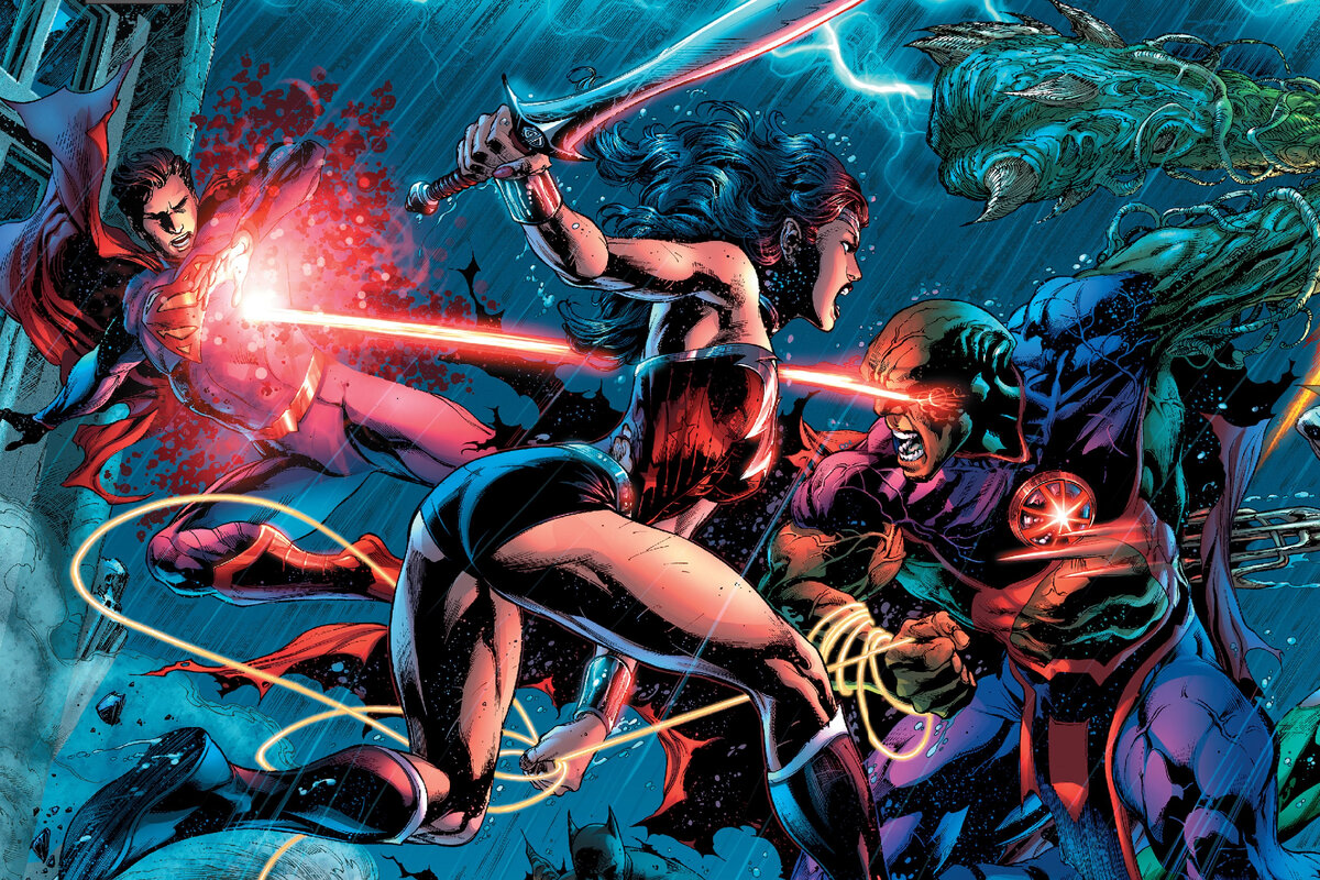 Фрагмент разворота из графического романа Джеффа Джонса и Джима Ли «Лига справедливости. Книга 2. Путь злодея» © ООО «Издательская Группа «Азбука-Аттикус»