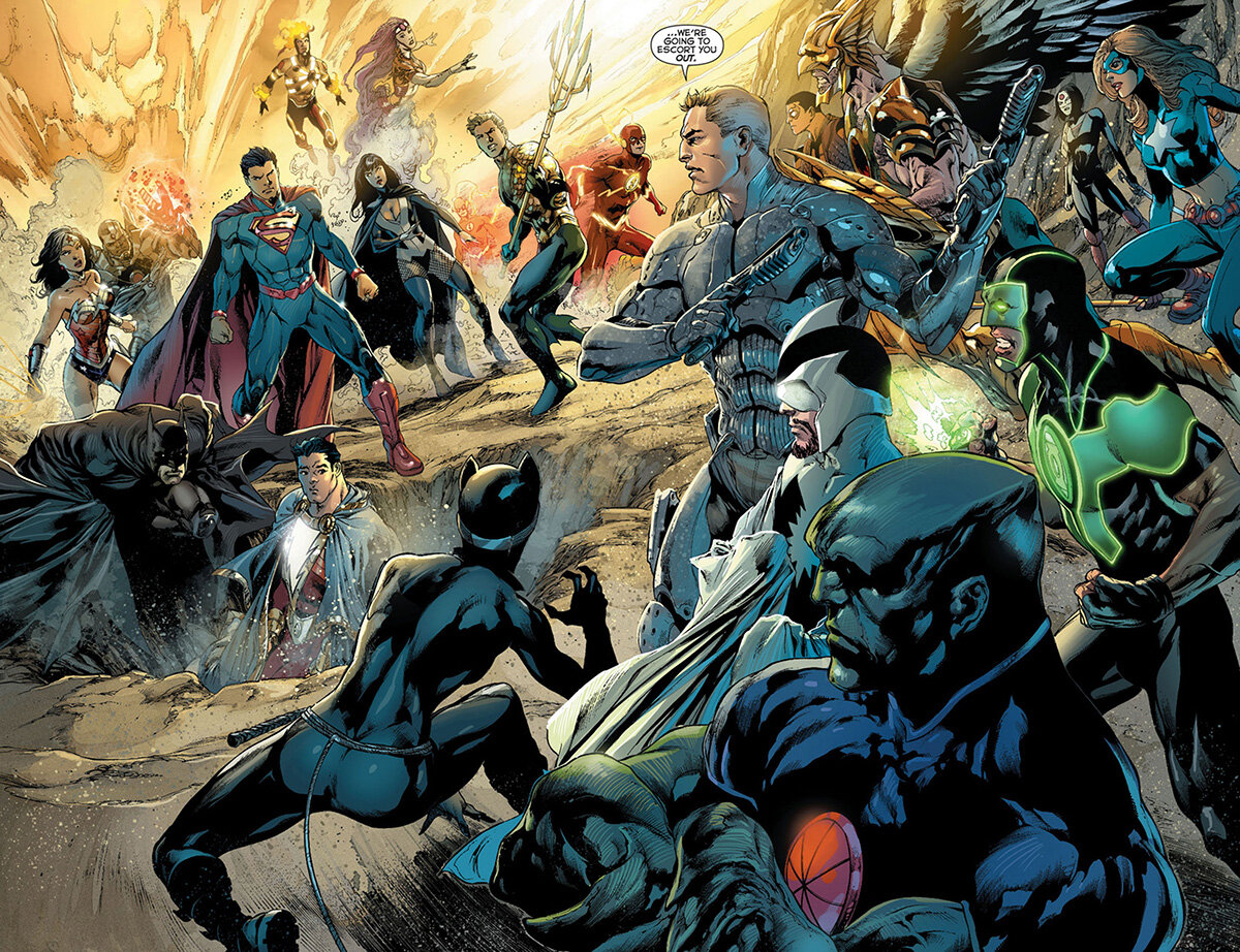 Оригинальный разворот из графического романа Джеффа Джонса «Лига Справедливости: Война Троицы»