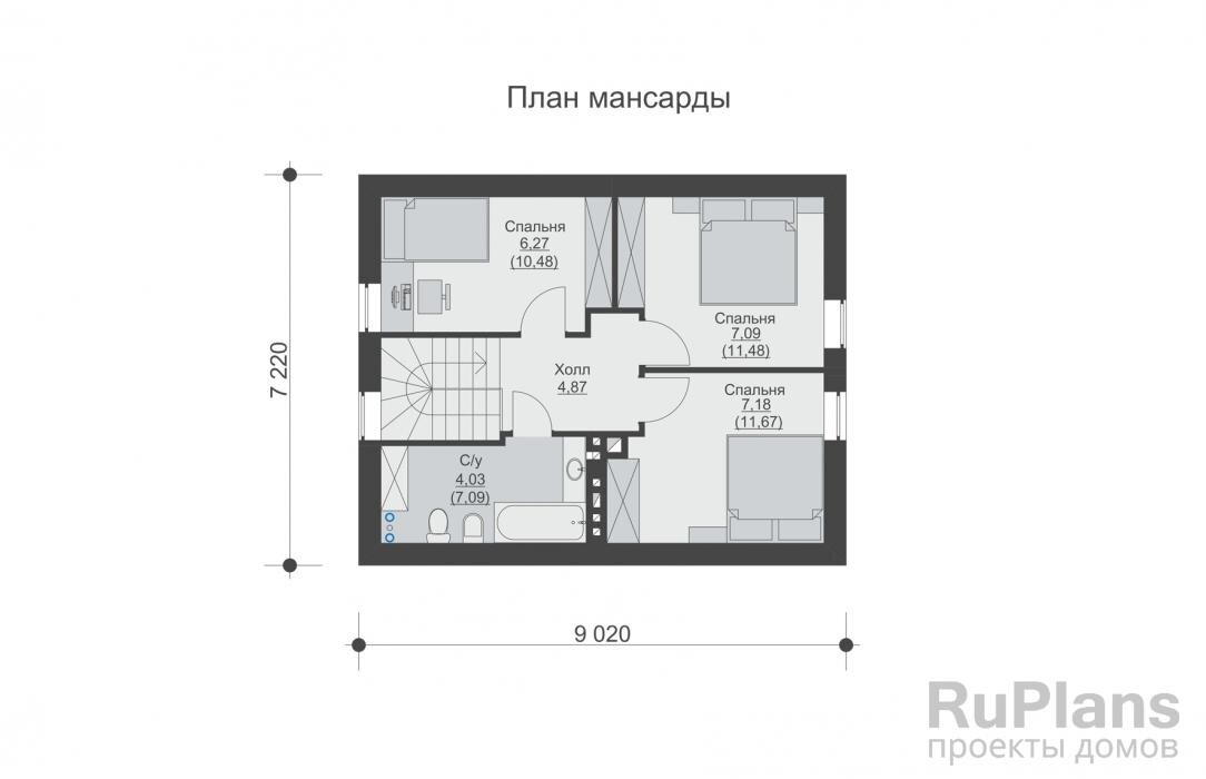 Общая площадь  76,5 кв.м Жилая площадь  50,9 кв.м
Размеры дома  10,7 x 11,3 м
Высота здания  7,8 м
Количество комнат  5
Количество спален  4
Мансарда  есть
Отделка  штукатурка, клинкерная плитка
Материал стен  бетонные блоки
Фундамент  свайный
Перекрытия  сборные плиты, балки