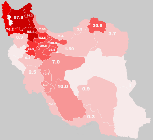 Приблизительный процент азербайджанского населения в тех или иных провинциях