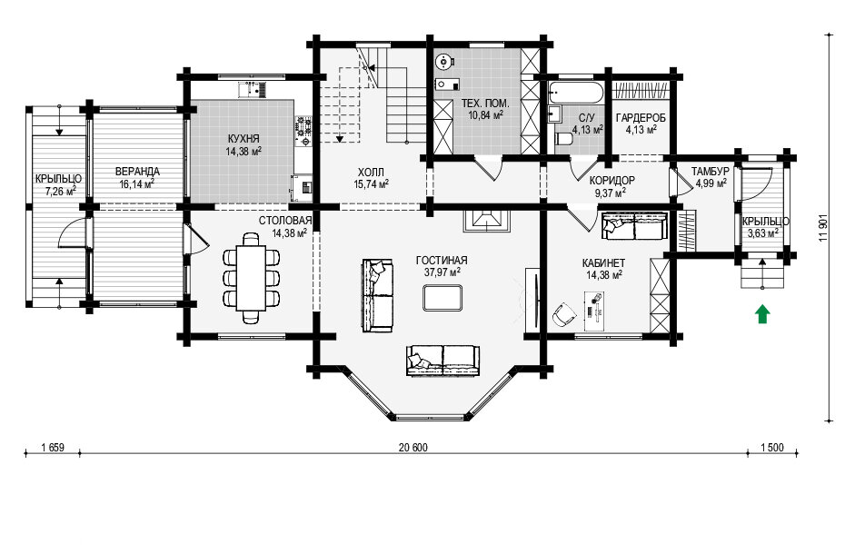 План первого этажа двухэтажного дома «Русский дом 257» 