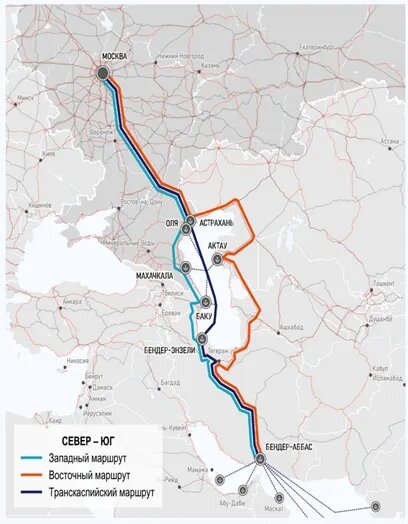 Рисунок 1. Маршруты МТК «Север-Юг». Источник: Из варяг в персы: перспективы развития МТК «Север-Юг», N. Trans Lab, 2024.