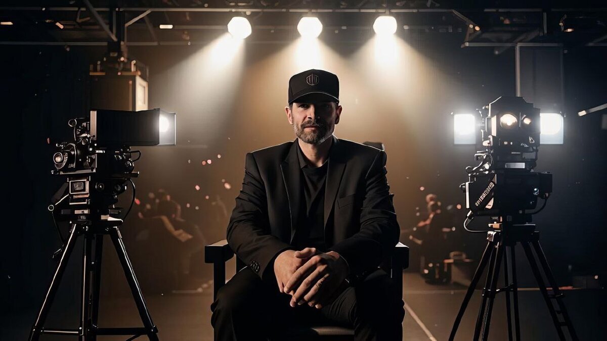 Иллюстрация великого режиссера. Кепка помогает держать связь с космосом и отражает вредное излучение. Генерация от Kandinsky