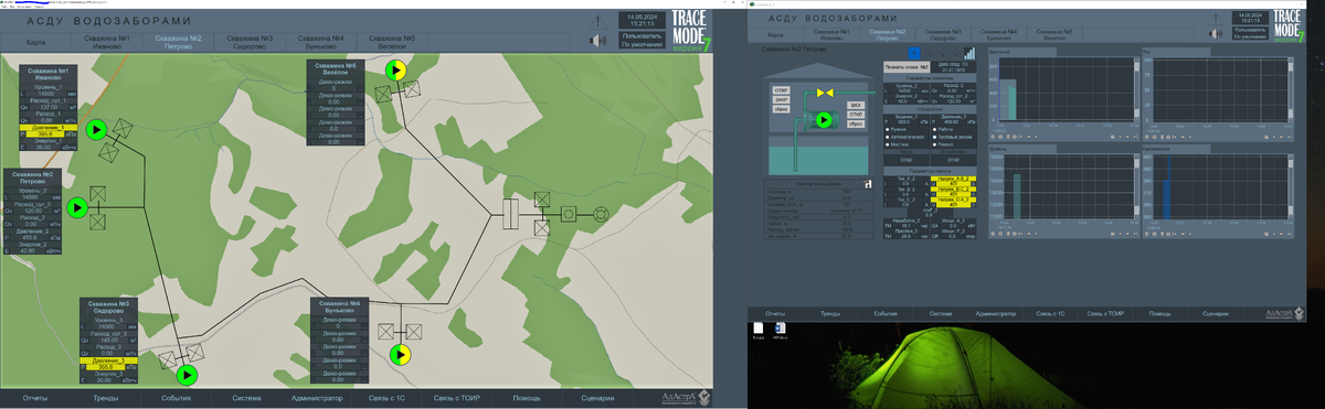 Пример с WaterIntake на двух мониторах. Слева мнемосхема, справа расширенная информация по конкретному водозабору.
