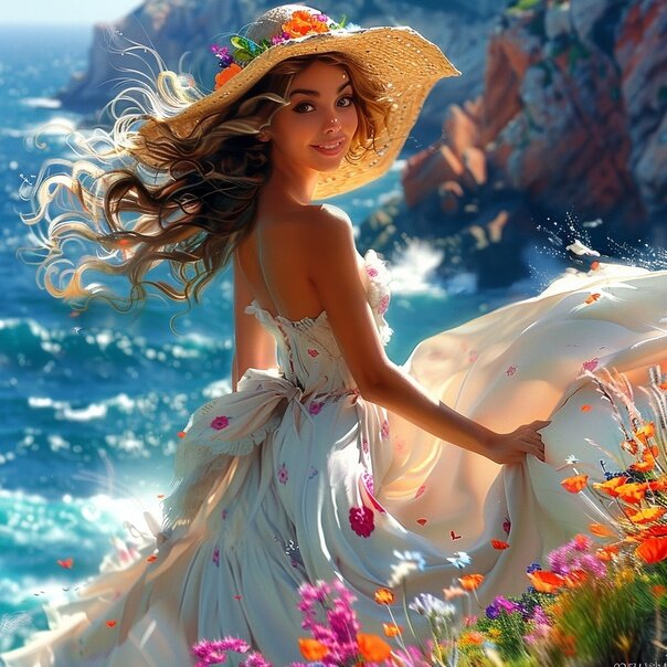 A beautiful woman in a large-brimmed hat and a long flowing summer dress stands on a steep seashore. There is a strong wind blowing. The woman holds her hat with her hand. She's happy, she's enjoying the moment --sref 1901801917 --stylize 750