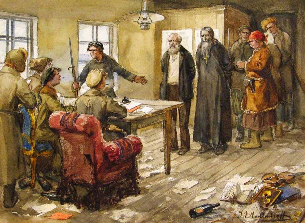 И. Владимиров. «Допрос в комитете бедноты». 1918 г.