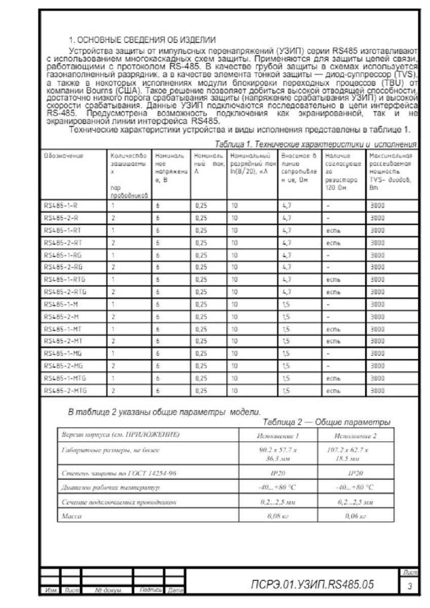 Лист инструкции с указанием характеристик УЗИП 