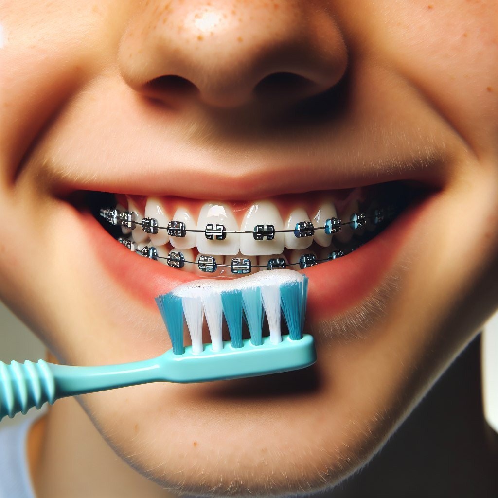 Чистка зубов ортодонтической щеткой с V-образным вырезом помогает лучше удалять налет вокруг брекетов